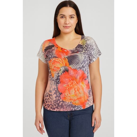 Style & Co Women’s Petite Short Sleeve Floral Animal Print Tee Shirt -Size Large - Picture 1 of 6